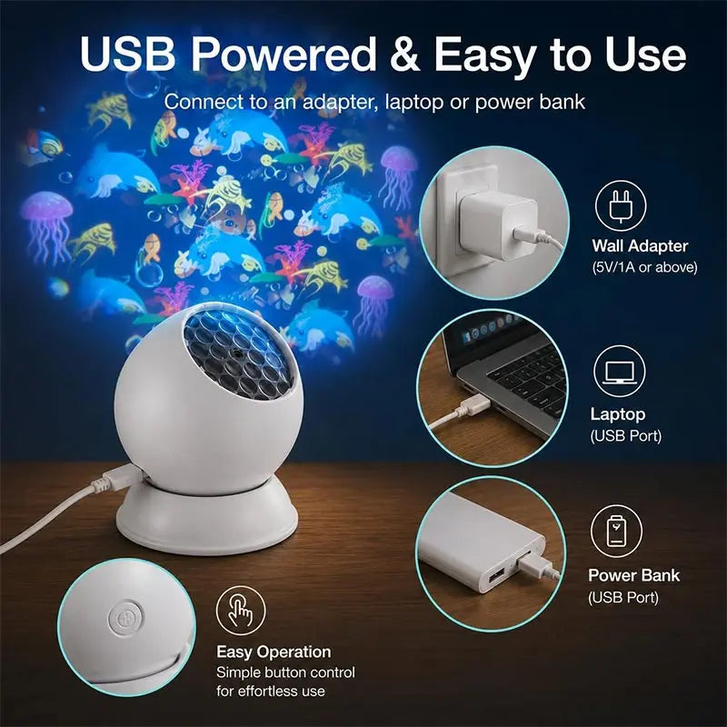 360° Dynamic Rotating Projector Light LED Ocean Ripple Starry Sky Projector Light USB Atmosphere Night Light for Room Decoration